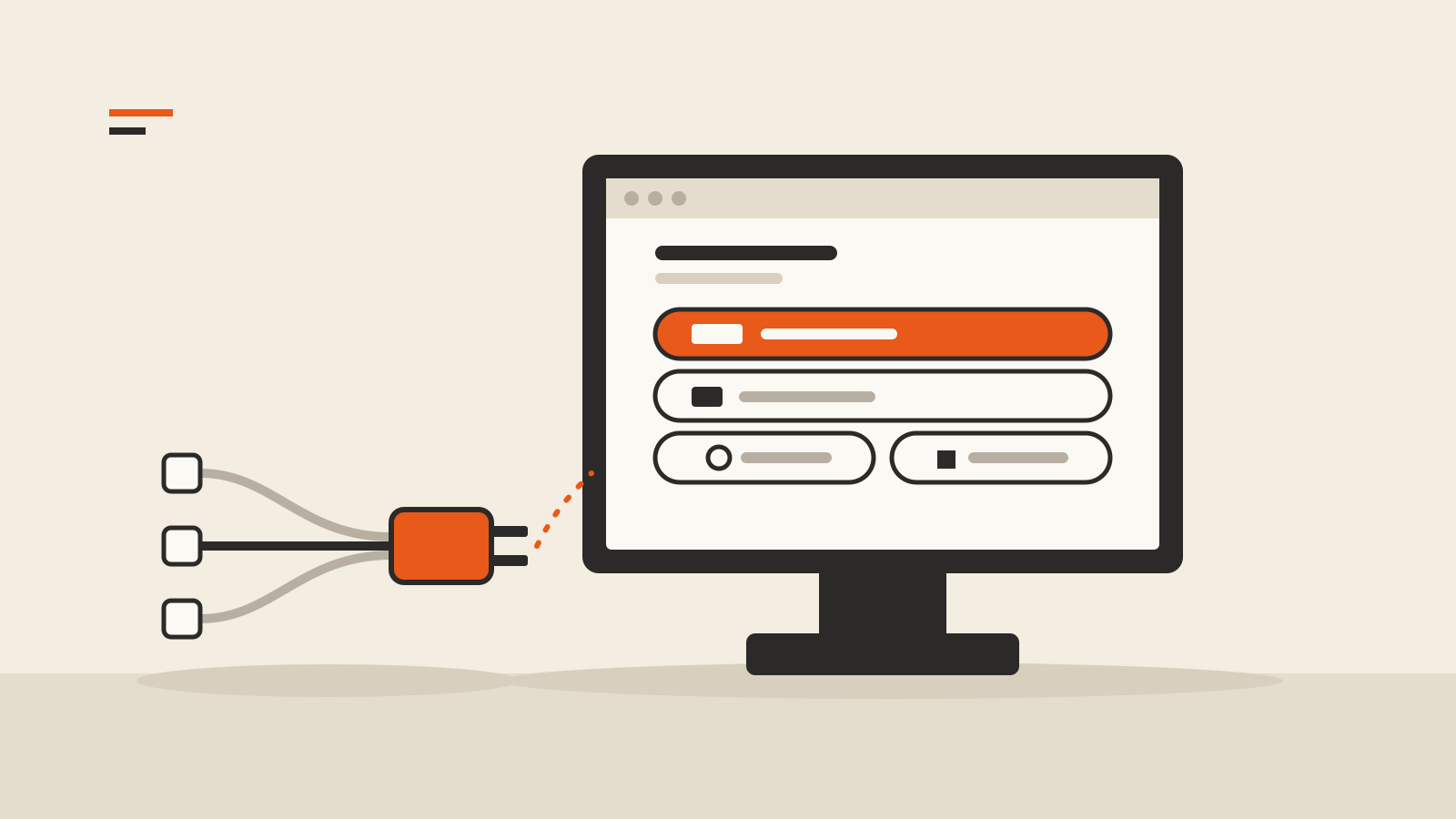 Three cables joining into one orange plug beside a monitor showing a checkout page with stacked payment buttons
