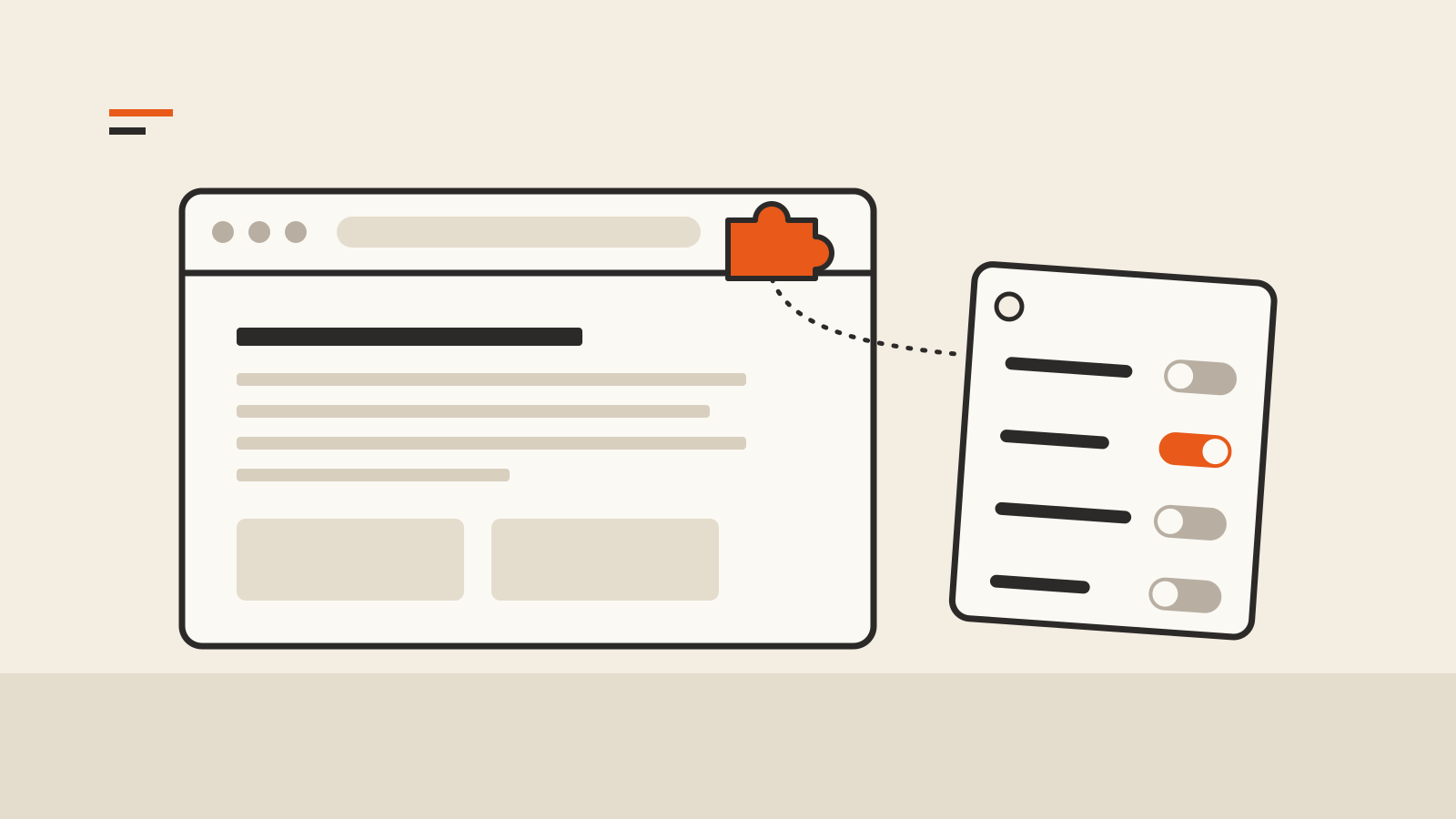An orange puzzle piece in a browser toolbar linked to a card of permission switches, one of them turned on