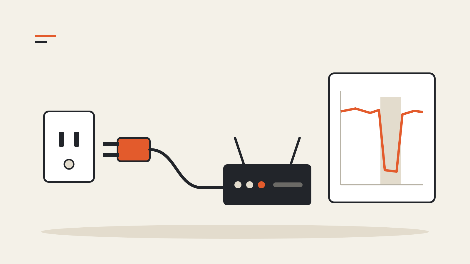 Illustration of a plug pulled from a wall socket, its cable running to a router, beside a traffic chart with a deep dip