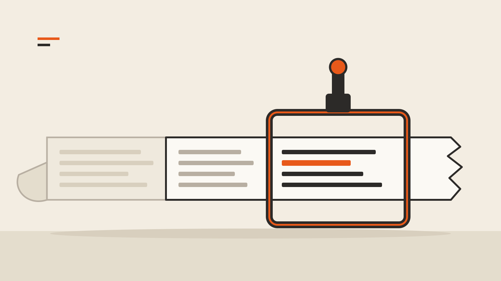 A long paper strip of text lines passing through a graphite viewing frame; only the lines inside the frame are dark, one highlighted in orange, while the far end fades and curls away.