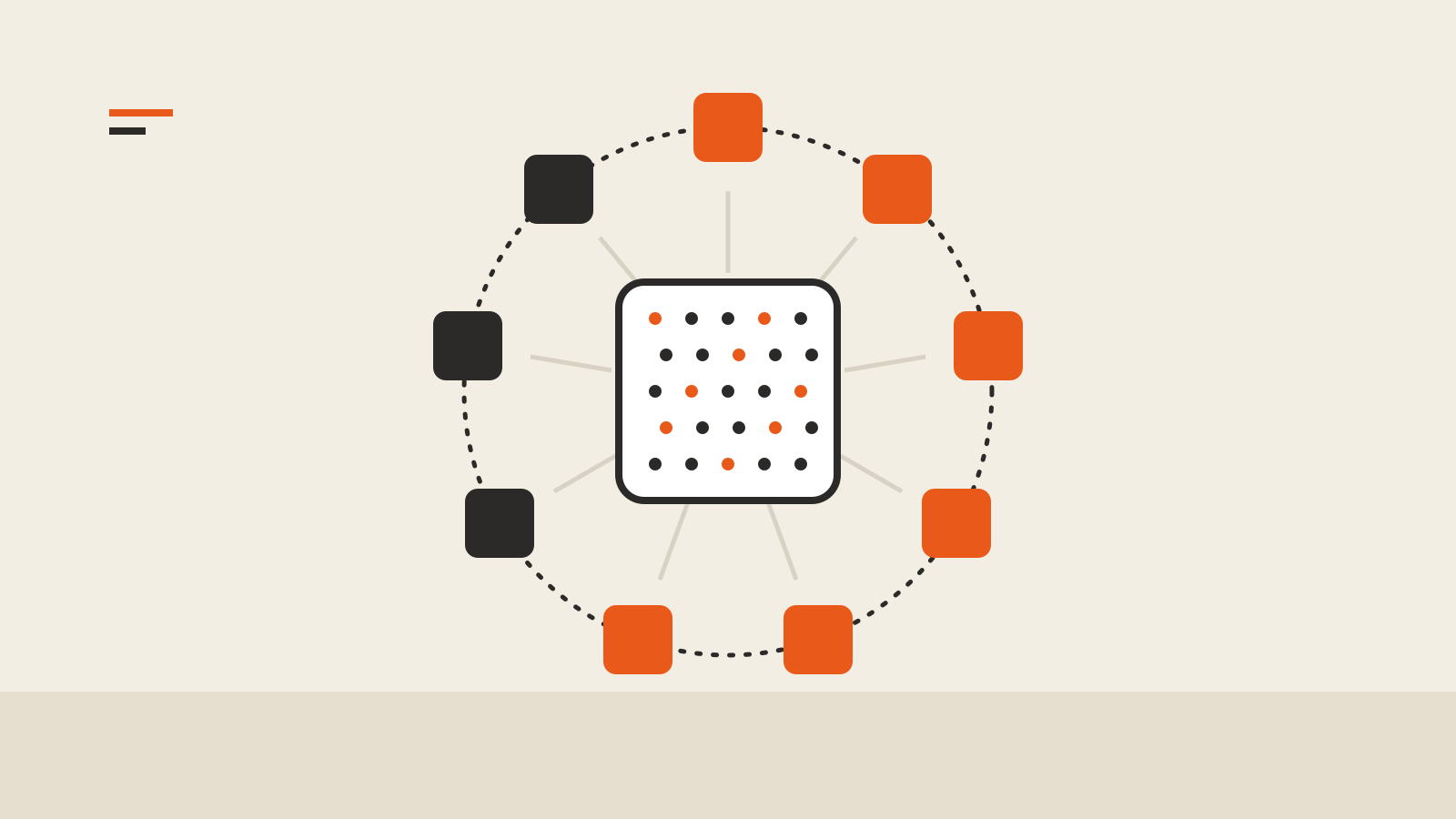 A ring of nine validator blocks, six in orange, around a key tile patterned as a dot lattice