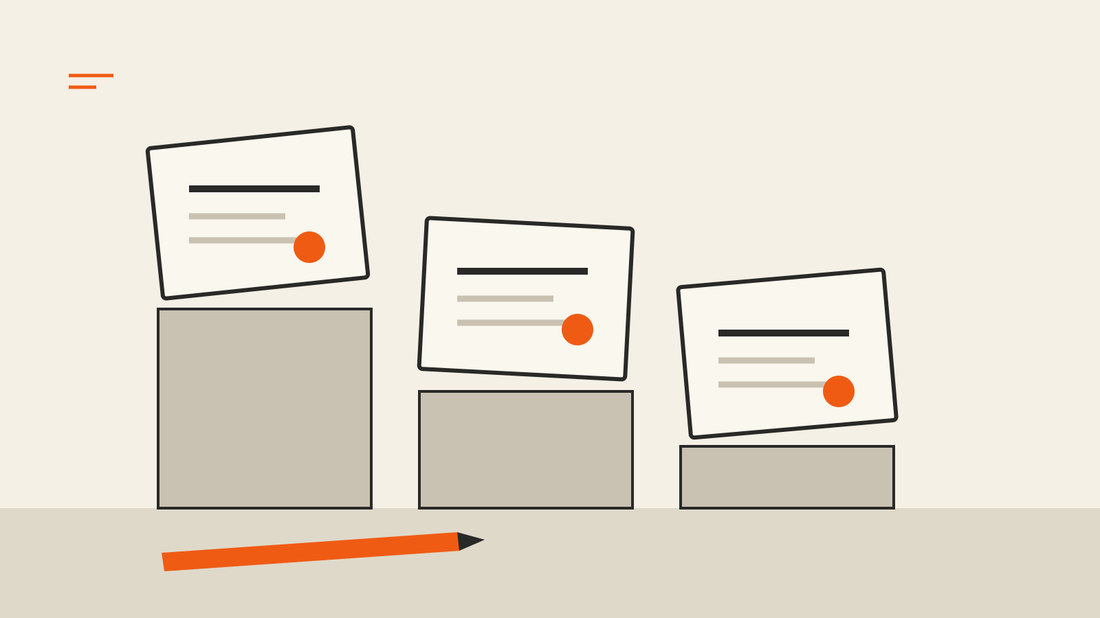 Share certificates on descending wooden blocks beside an orange pencil on warm paper.