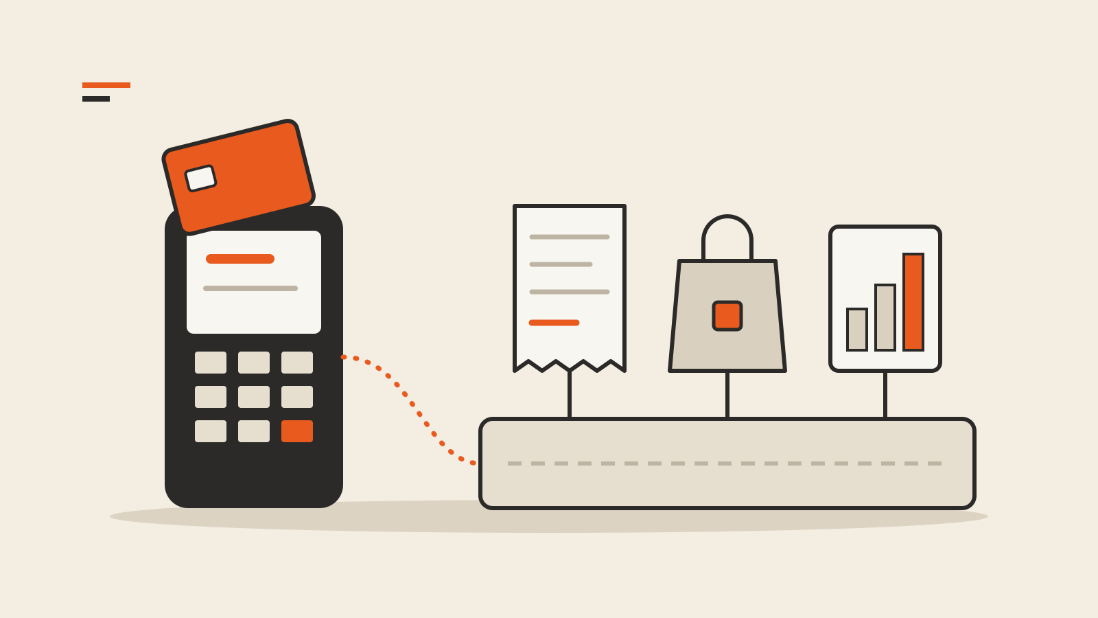 A card terminal with an orange card above it, linked by a dotted line to a long base holding a receipt, a shopping bag and a small bar chart