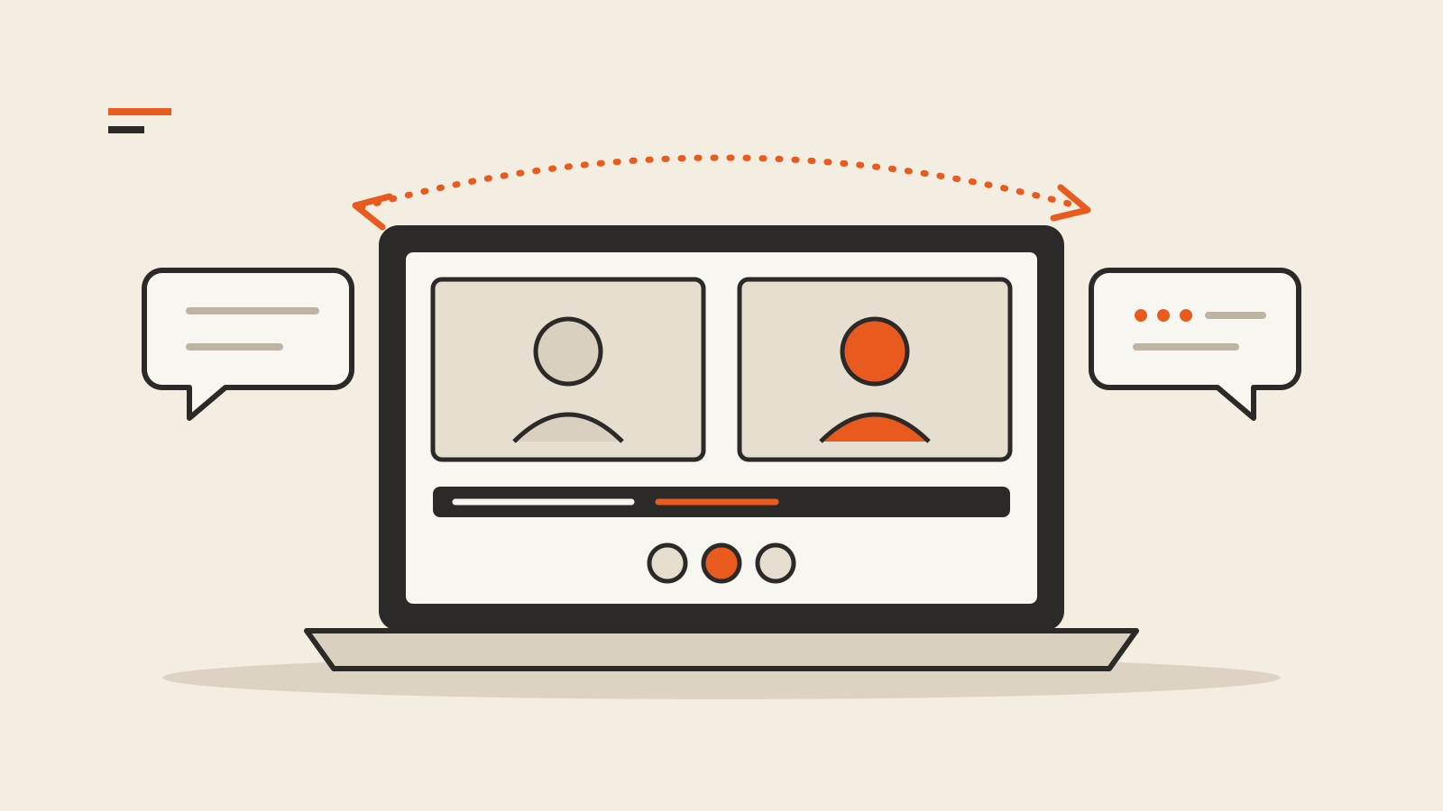 A laptop showing a two-person video call with a caption bar, flanked by two speech bubbles and a dotted two-way orange arrow arching over the screen