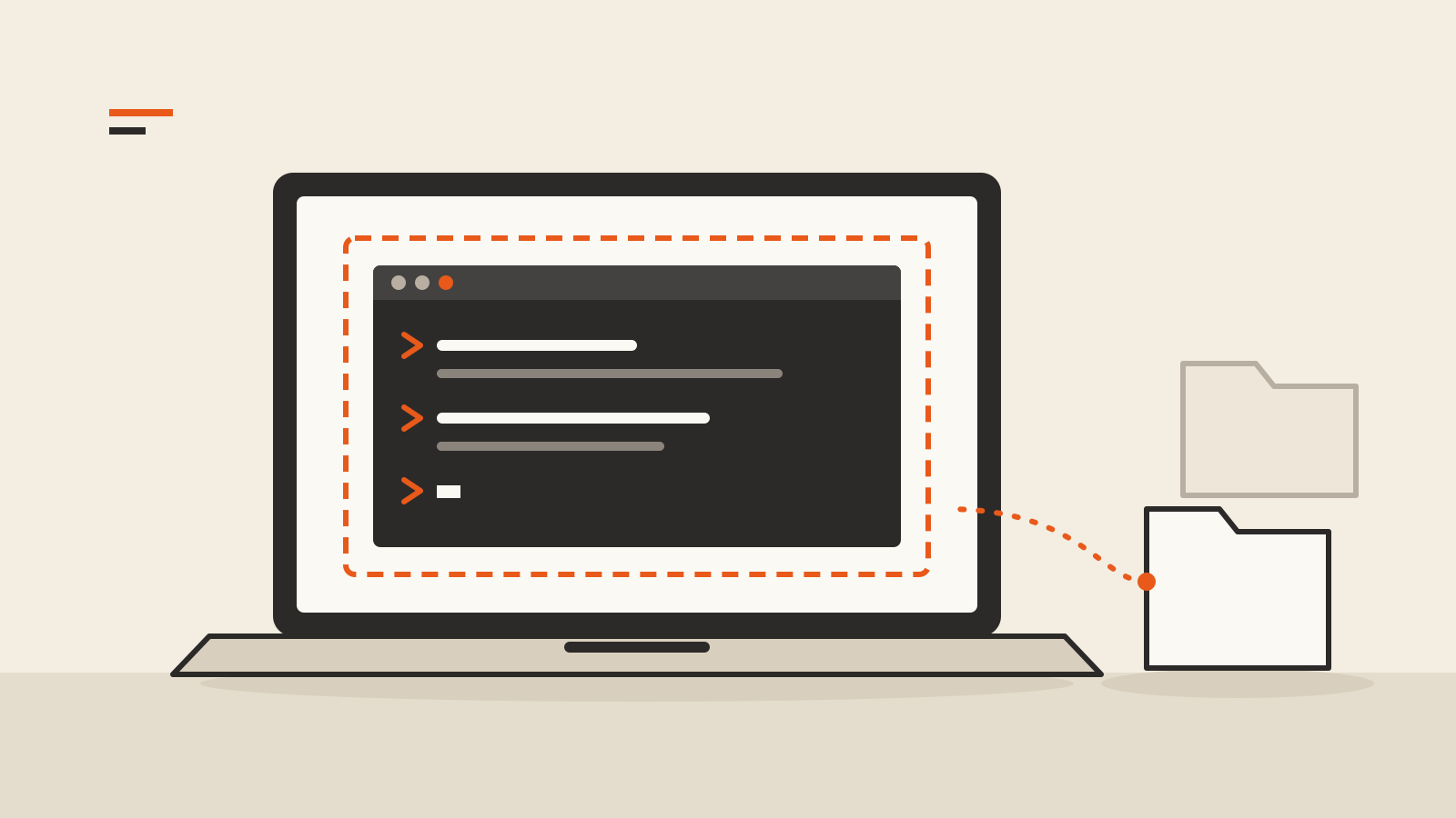 Drawing of an open laptop showing a terminal window inside an orange dashed frame, with a dotted line to one folder beside it and a faded folder behind