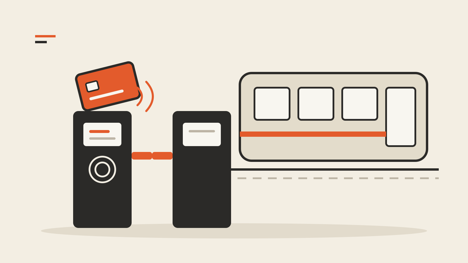 A contactless card tapped on a metro fare gate reader beside a waiting train