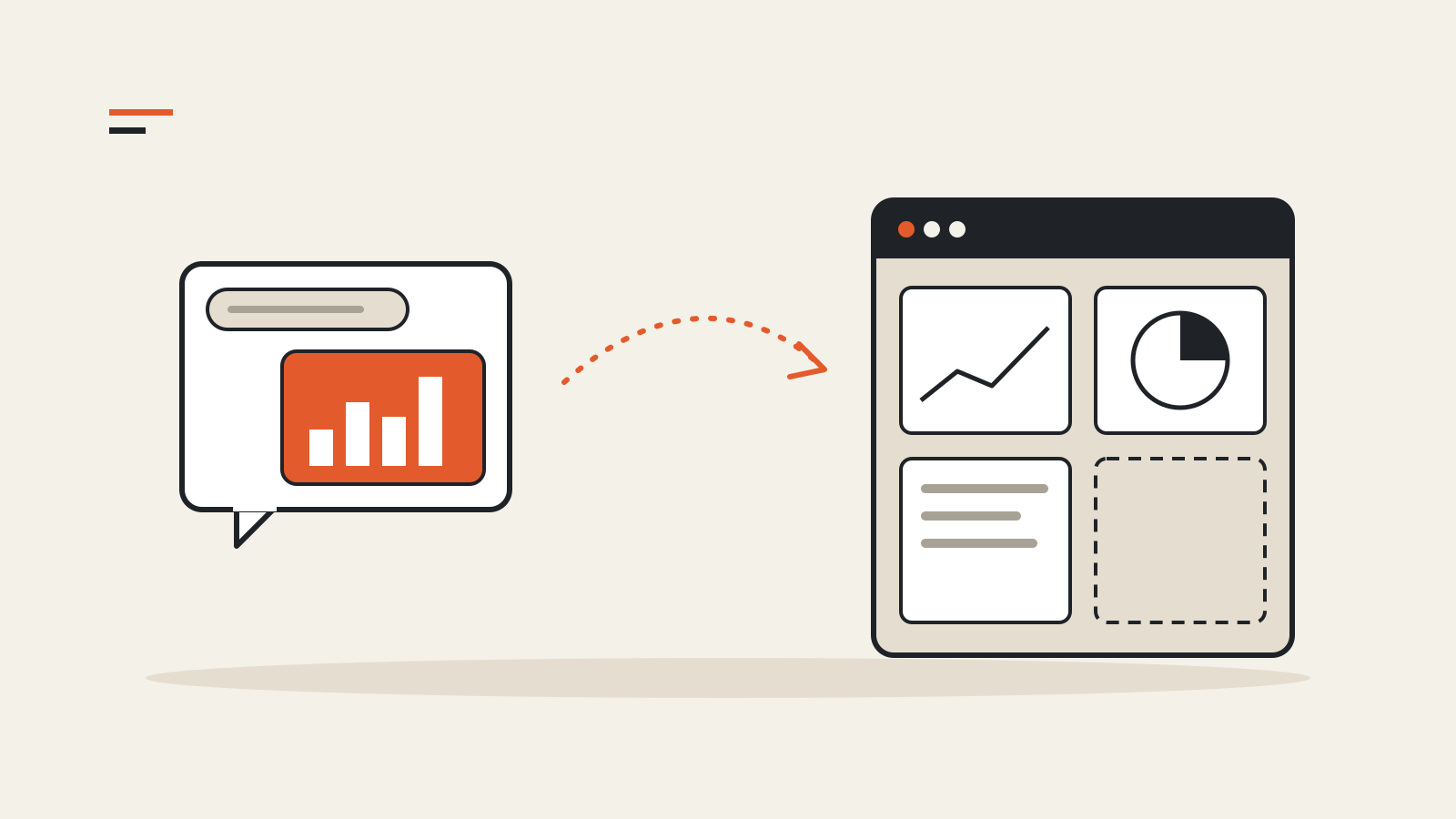 A chat bubble holding an orange bar chart moves along a dotted arrow into a larger analytics dashboard window with one empty slot