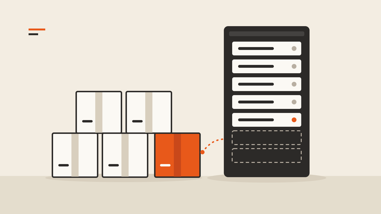 A graphite server rack with two empty dashed slots beside a stack of packed crates, the front crate orange