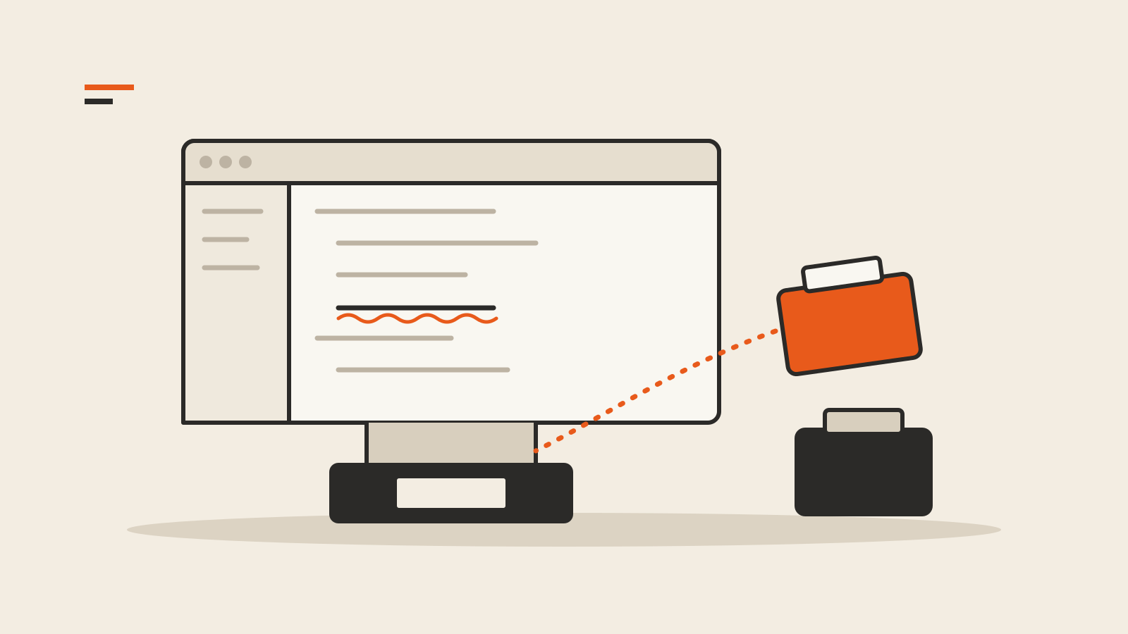 A code editor with an orange squiggle under one line, mounted on a base with an empty cartridge slot, beside an orange and a graphite cartridge that can be swapped in