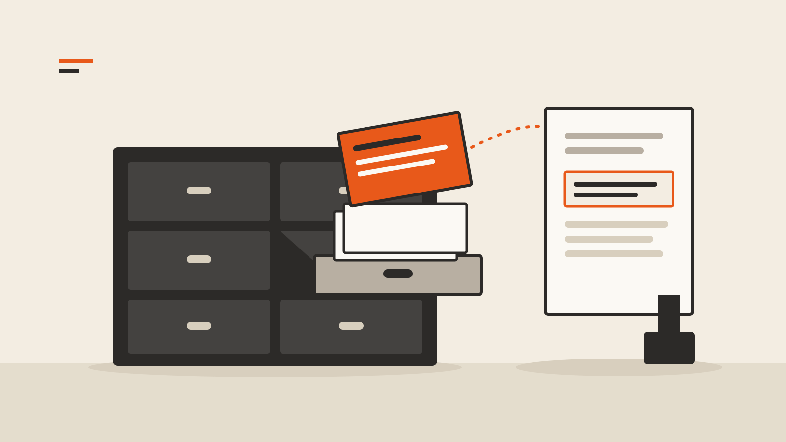 An open card-catalog drawer with an orange index card lifted out and linked to a highlighted passage on a document