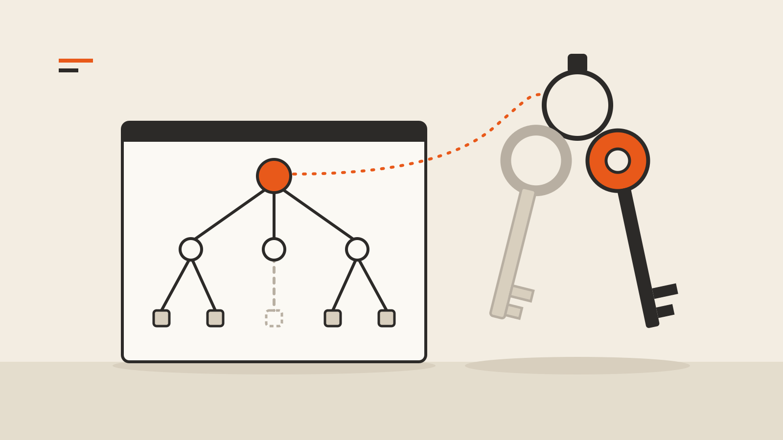 Drawing of a tree diagram with an orange root node, linked by a dotted line to a key ring holding a faded old key and a dark key with an orange bow