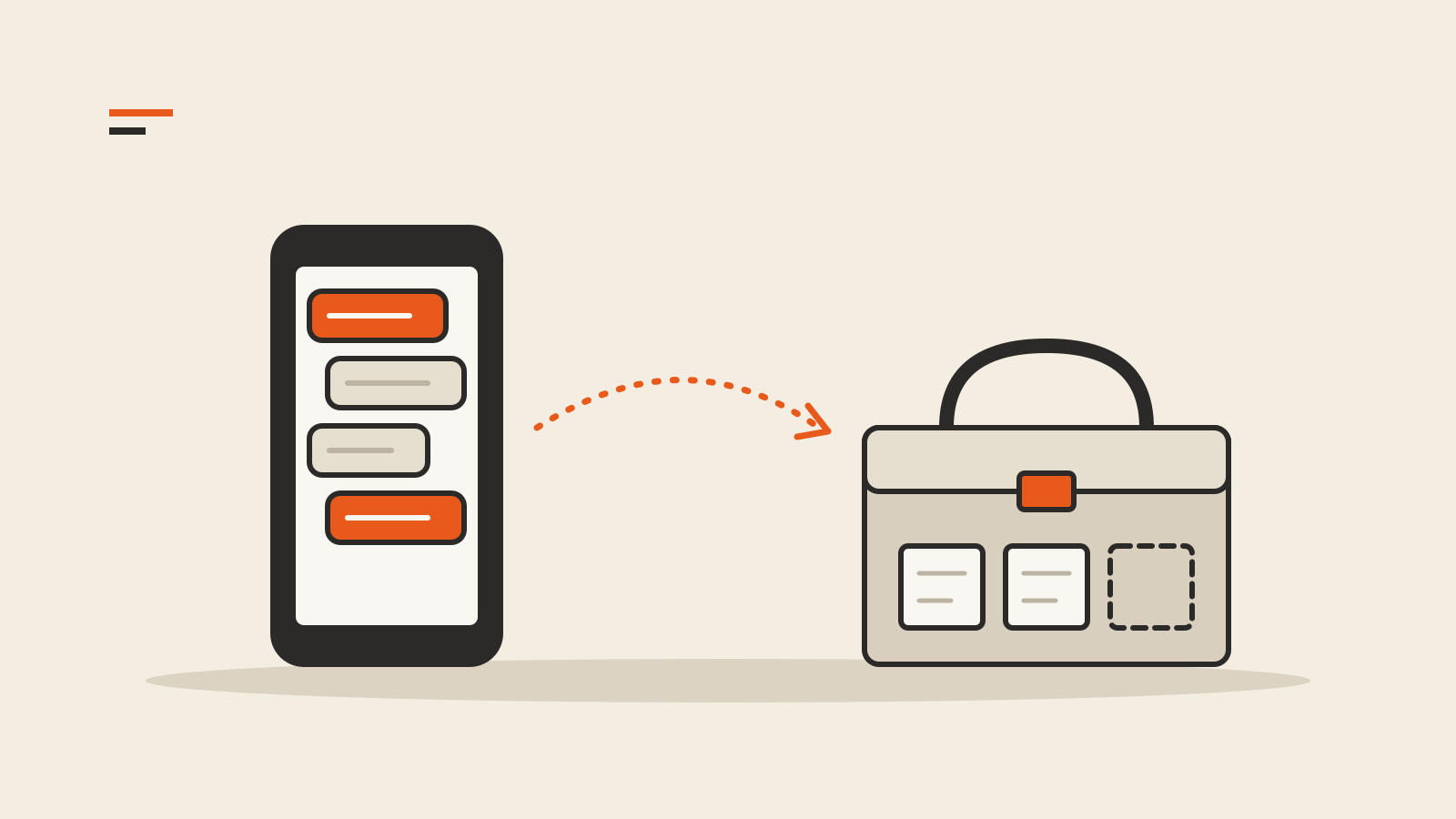 A phone showing message bubbles, with a dotted orange arrow leading to an open toolbox that has one empty compartment