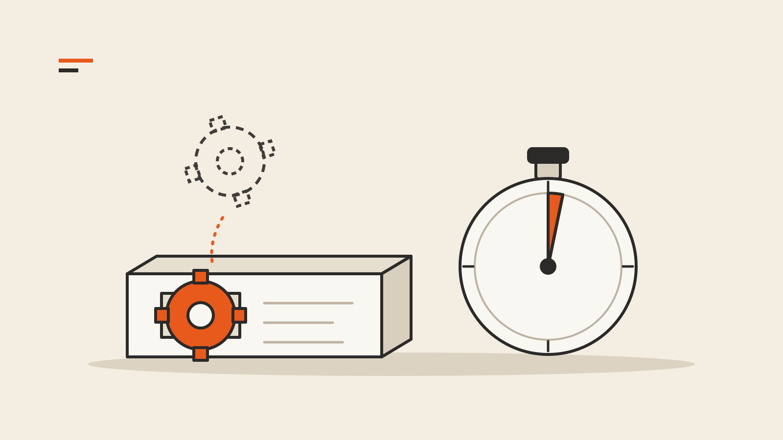 A dashed outline of an old gear lifted away above a ledger block, where a new orange gear sits in its place, beside a stopwatch with only a thin orange slice marked