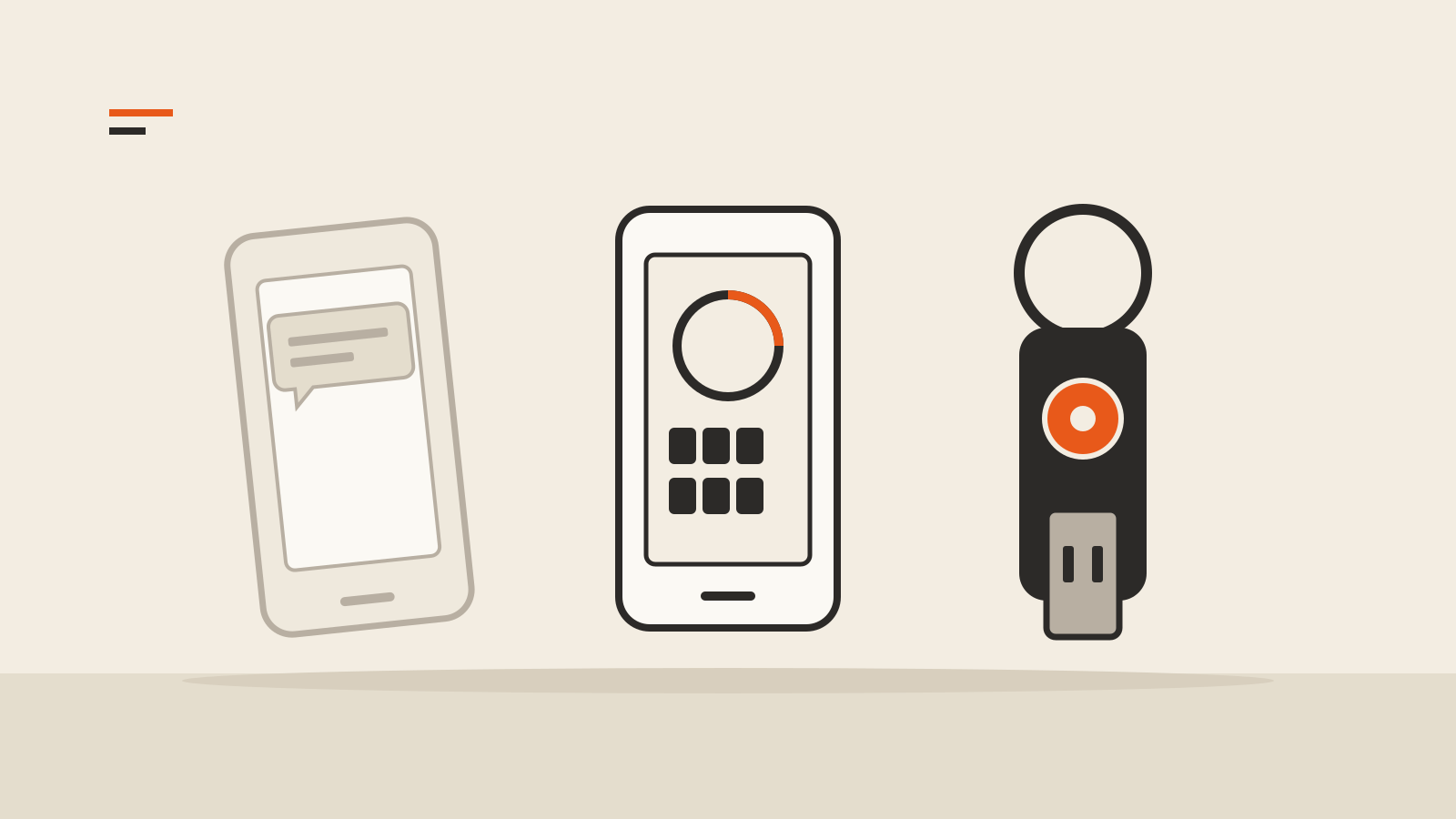 Drawing of a faded phone with a text message, a phone showing a code timer and keypad, and a USB security key on a key ring
