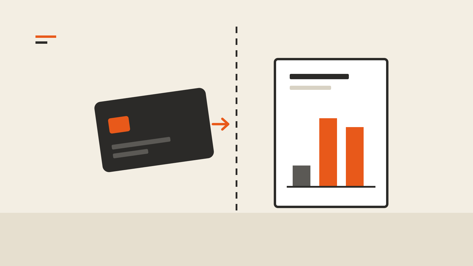 A payment card crossing a dashed border toward a fee statement with one short bar and two tall orange bars