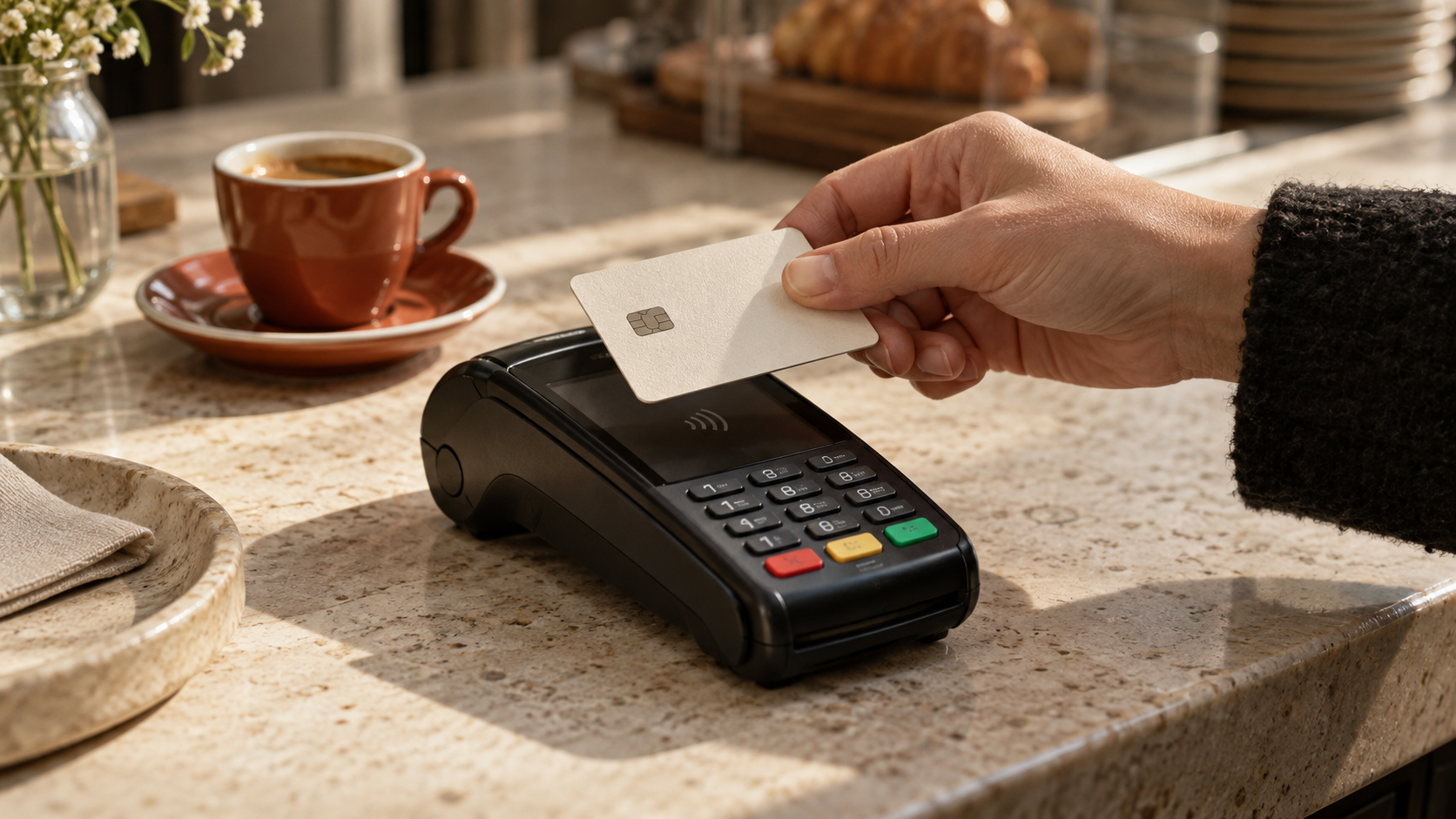Conceptual illustration of a plain card held above a payment terminal.