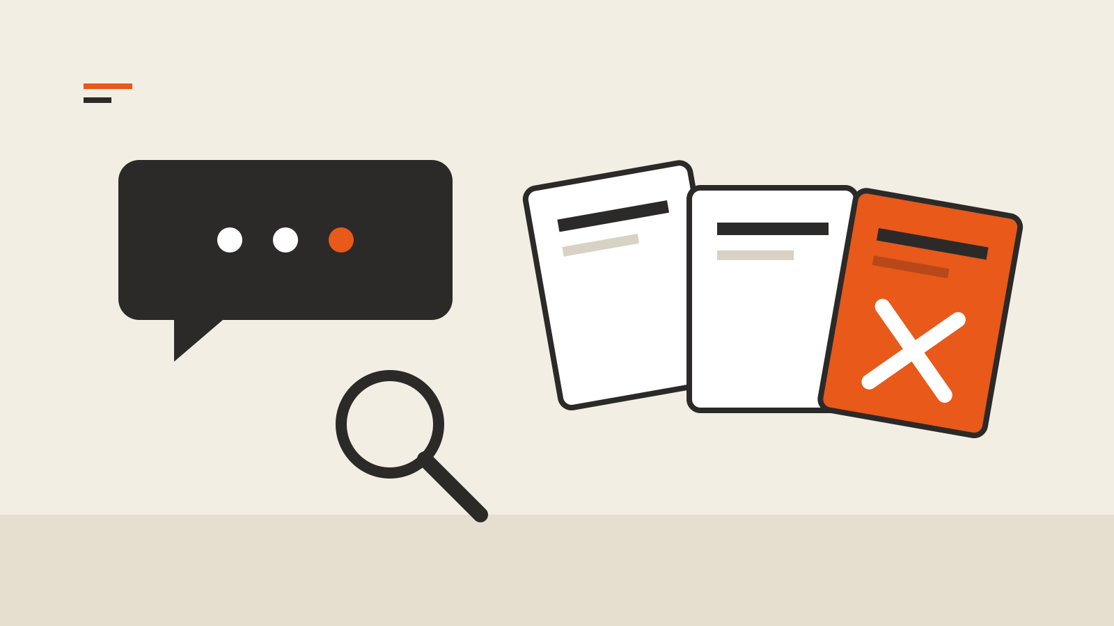 A speech bubble beside three answer cards, the last one orange and crossed out, with a magnifying glass