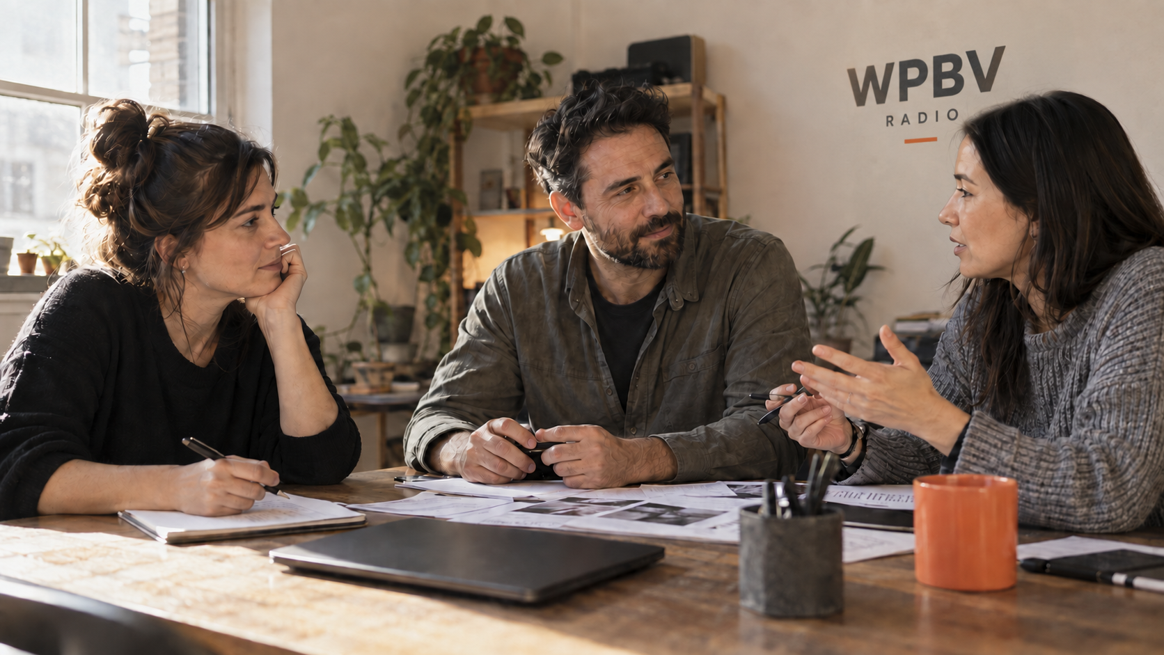 Three people discussing articles around a shared desk.